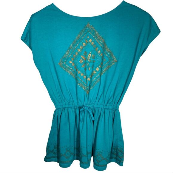 Chaps Tops - Chaps Tribal Short Sleeve Tie Front Top Green Gold Metallic Print Womens Size 5